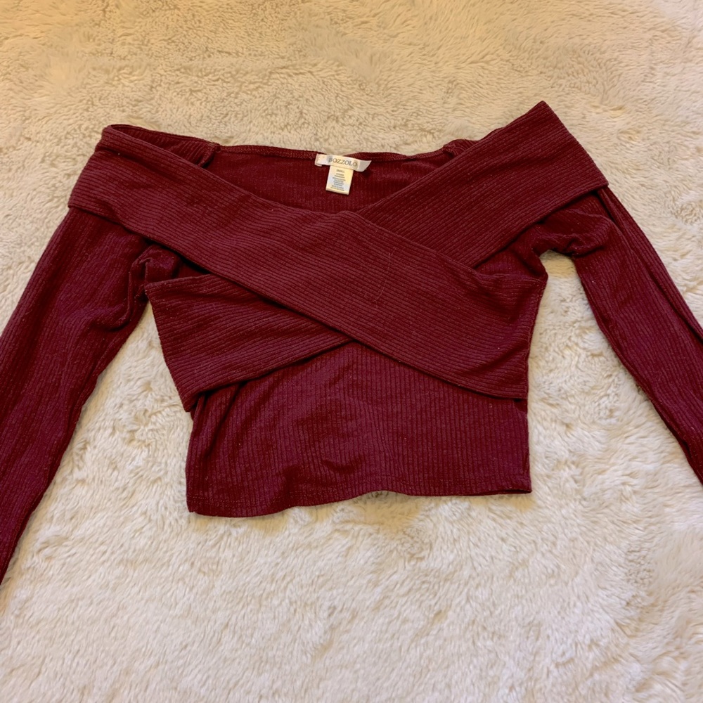 Bozzolo Off The Shoulder Wrap Crop Sweater - Burgundy